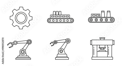 Industrial automation and manufacturing line icons. Includes gears, conveyor belts, robotic arms, and press machines. Modern factory production technology concepts