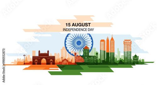 Illustration of Indian Independence Day featuring landmarks and Ashoka Chakra.