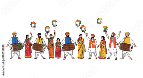 Group of Indian People Celebrating Traditional Festival with Drums and Lanterns.
