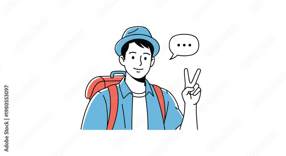 Fototapeta premium Young male traveler with a red backpack and blue hat smiles while making a peace sign gesture during his journey and adventure.