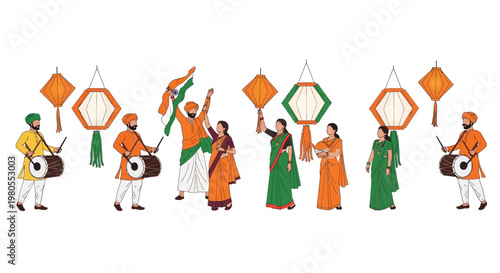 Indian traditional celebration with dancers and musicians in festive attire.