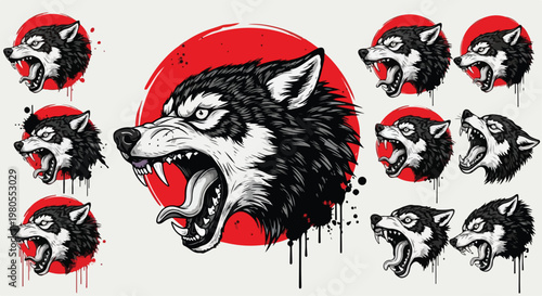 Aggressive wolf head mascot set, angry werewolf snarling with red sun background, 9 vector illustrations for streetwear and gaming logos