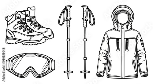Line art illustration of winter sports and outdoor adventure equipment. Includes boots, poles, goggles, and jacket for cold weather activities