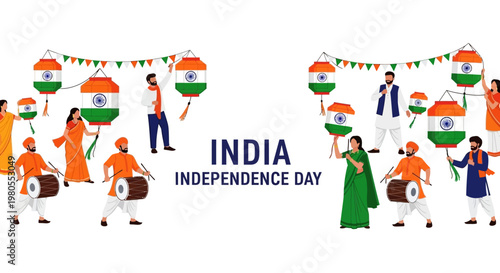 People Celebrating India Independence Day with Drums and Indian Flag Lanterns.
