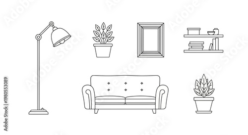 Minimalist black and white line art collection depicting various essential home interior furniture and decorative items for modern living room design concepts, perfect for graphic projects