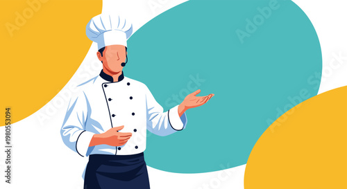 Professional chef wearing a white uniform and hat gives a presentation or cooking demonstration in front of a colorful backdrop.