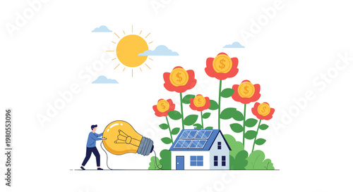 Eco friendly house with solar panels on roof surrounded by money flowers while a man installs a giant lightbulb for energy.