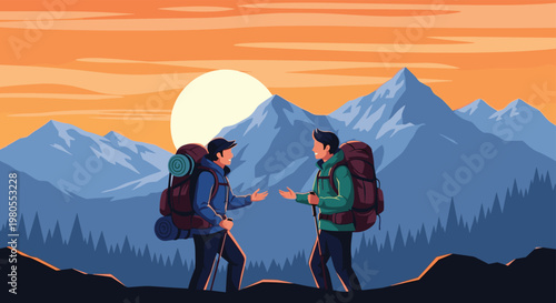 Two male hikers with heavy backpacks stand on a mountain ridge and talk while watching the sunset over the distant snowy peaks.