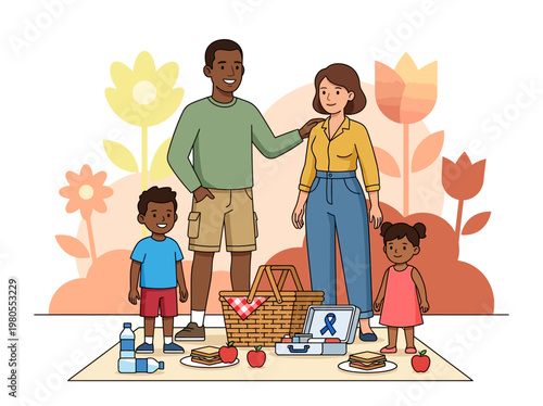 Happy Multiracial Family Having a Picnic with Medical First Aid Kit and Blue Ribbon for Health Awareness Illustration