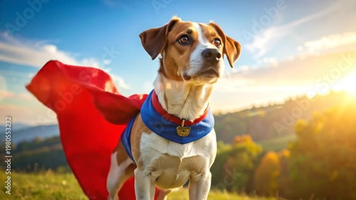 A heroic dog stands proudly in a vibrant field, wearing a cape, ready to save the day.
