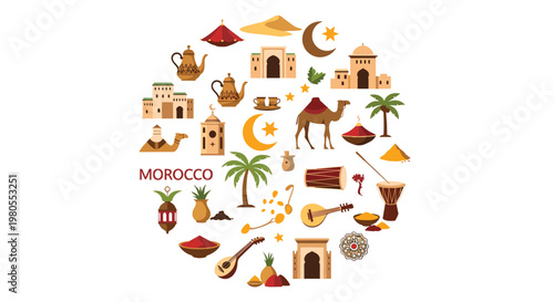 Colorful circular icon set representing Morocco travel and culture including camels palm trees lanterns and traditional buildings.