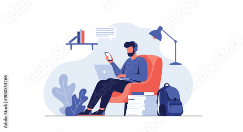 Man wearing headphones works remotely on his laptop while sitting in a comfortable armchair and checking his mobile smartphone.