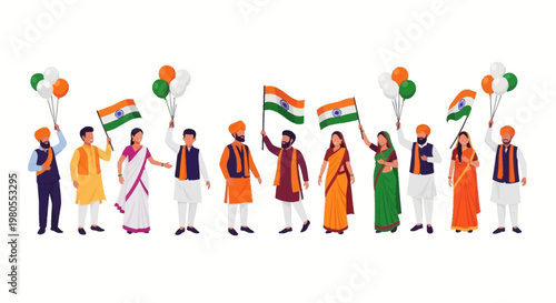 Diverse Group of Indians Celebrating Independence Day with Flags and Balloons.