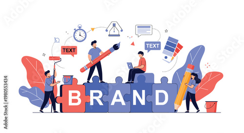 Collaborative business team works together to build a brand using large colorful puzzle pieces and creative design tools.