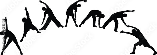 Stretching exercise silhouette sequence illustration, fitness warm up poses set for workout training design