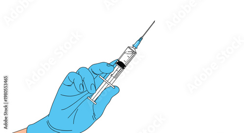 Hand wearing a blue medical glove holds a plastic syringe with a needle ready to perform a vaccination or clinical procedure.