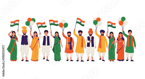 Diverse Group of Indians Celebrating Independence Day with Flags and Balloons.