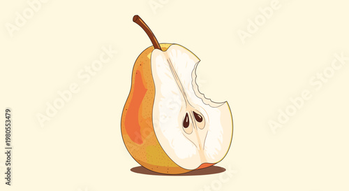 Illustration of a ripe yellow pear with a bite taken out of it showing the internal flesh and seeds on a warm cream background.