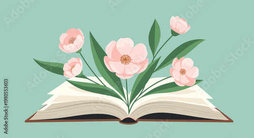 Beautiful pink flowers with green leaves grow out from between the pages of an open book symbolizing growth and knowledge.