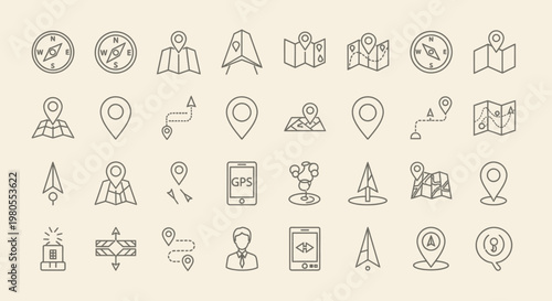 Collection of various line icons.