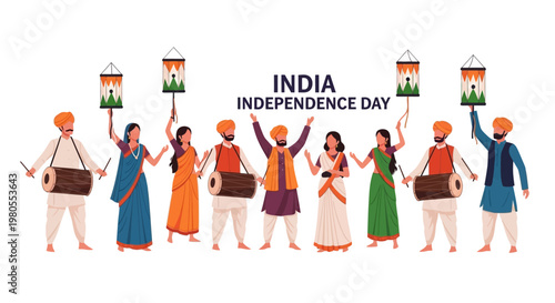 Group of diverse Indian people celebrating Independence Day with traditional musical instruments and flags.