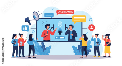 Live streaming production scene with hosts talking into microphones on a screen while audience members watch and take photos.