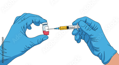 Hands in blue surgical gloves carefully prepare a vaccine injection by drawing liquid from a small glass vial with a syringe.