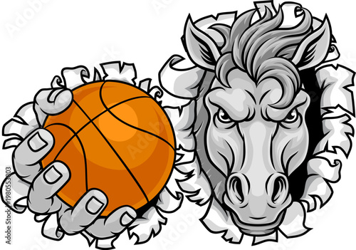 Horse mustang bronco stallion basketball angry sports team mascot holding a ball.