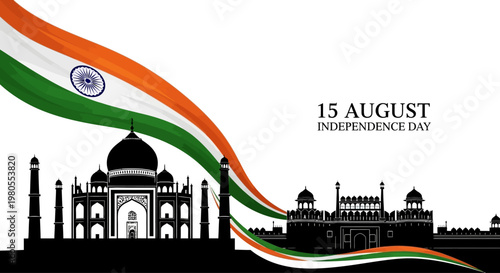Silhouette of Taj Mahal and Red Fort with Indian Flag Ribbon for Independence Day.