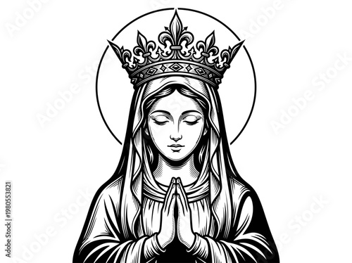 Virgin Mary Praying with Crown and Halo Illustration - Black and White Line Art of the Blessed Mother Madonna, Catholic Religious Icon, Spiritual Vector Graphic
