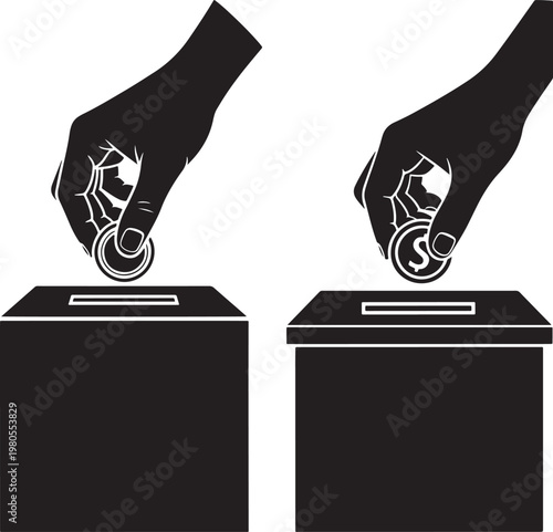 Hands dropping coins into donation boxes with donation box donation contribution fundraising generosity volunteer investment business financial collection benevolence philanthropy spending