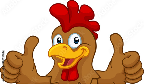 A chicken rooster cockerel bird cartoon character peeking over a sign and giving a double thumbs up