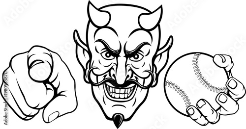 A devil man holding baseball ball and pointing sports team mascot illustration.
