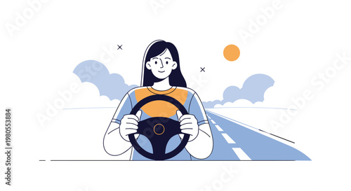 Young woman smiles while driving a car on a long open road under a bright sun with fluffy clouds in the background of the image.