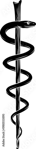 Rod of Asclepius or Aesculapius doctor medical symbol, often mislabelled as a caduceus. Features a snake curled around a staff.