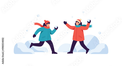 Two people wearing winter jackets and hats are having a fun snowball fight in a snowy landscape with white fluffy snowdrifts around.