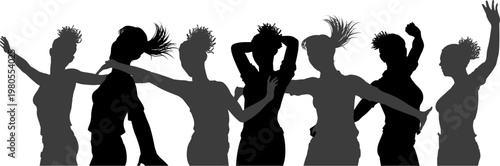 Silhouettes of women dancing in dynamic motion, suitable for scenes at a gig, party, festival, or celebration. Perfect for themes of music, energy, nightlife, performance culture and modern lifestyle