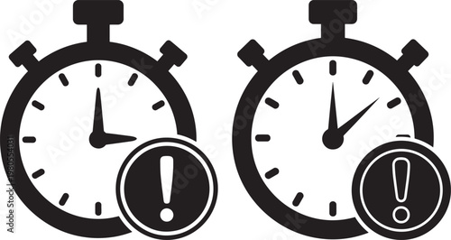 Stopwatches with exclamation marks indicating time alert exclamation mark urgent notice sports timing competition timer stopwatch measurement countdown attention important notification