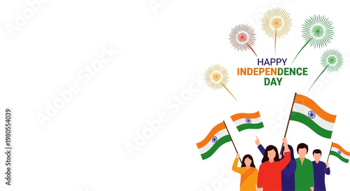 Group of Happy Children Celebrating Indian Independence Day with Flags.
