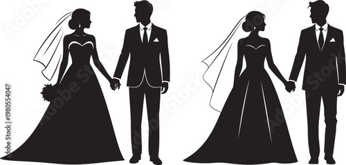 Silhouette couple wedding bride and groom holding hands with formal wear black and white background wedding day just married marriage silhouette ceremony celebration together newlyweds