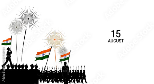 Silhouette of Indian soldiers marching with flags celebrating Independence Day.