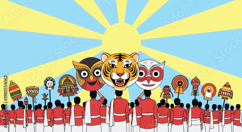 Illustration of a cultural festival with people holding up traditional animal and character masks under a radiant sun, depicting a vibrant celebration.