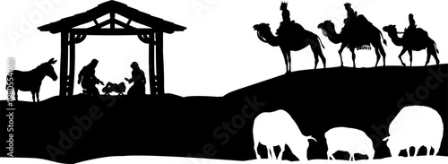 A Christmas nativity scene with baby Jesus in the manger and wise men a