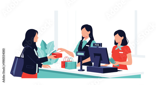 Customer in a black jacket is making a purchase at a retail store counter with two professional female cashiers serving her today.