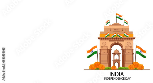 India Gate monument with waving Indian flags for Independence Day celebration.