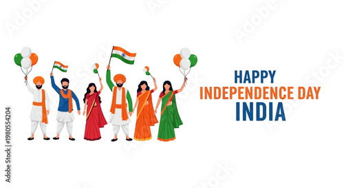 Diverse Indian People Celebrating Independence Day with Flags and Balloons.