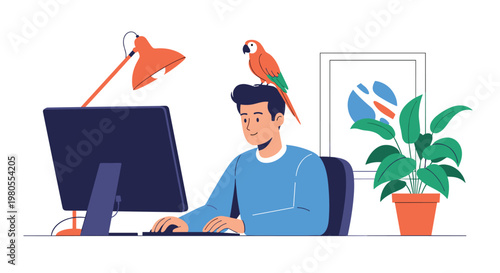 Young man is focused on working on his desktop computer while a colorful parrot sits amusingly on his head in a home office setting.