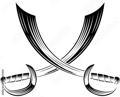 A pair of crossed pirate scimitar cutlass saber swords heraldry design element in a vintage retro woodcut style