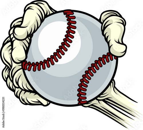 A grim reaper or death skeleton sports team or Halloween event mascot hand holding a baseball ball