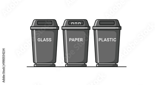 Row of three gray recycling bins are clearly labeled for glass, paper, and plastic waste management on a white background image.